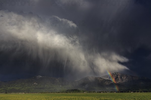Rainbow, thundercloud, shower, evening light, summer, Loisach-Lake Kochel moor, Kochler mountains,