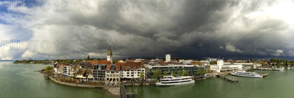 Panorama from the Moleturm tower onto the lakeside promenade of Friedrichshafen on Lake Constance