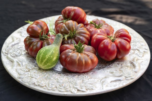 Tomatoes, ox hearts and a Vorgebirgstrauben pickled cucumber on a decorative plate on a black