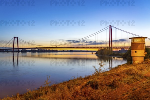 The Emmerich Rhine Bridge, federal road B220, evening light, at 803 m the longest suspension bridge