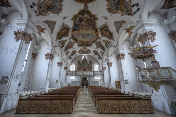 Interior with organ loft in Heilig Kreuz Minster, built around 1400, Rottweil, Baden-Württemberg,