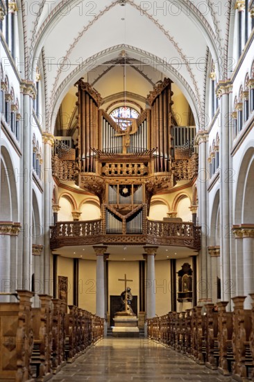Interior view of Bonn Minster, nave with pulpit and Klais organ in the west apse, Bonn, North