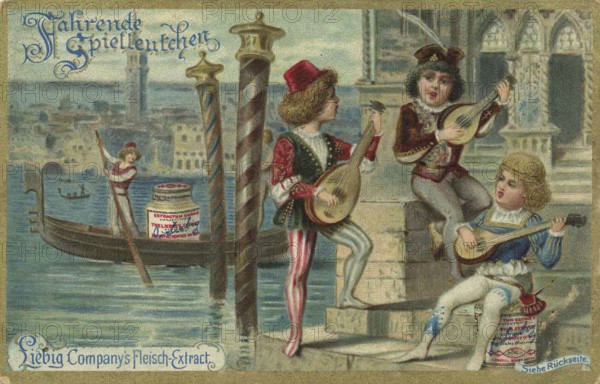 Picture series Children as travelling minstrels, Liebig picture, digitally restored reproduction of