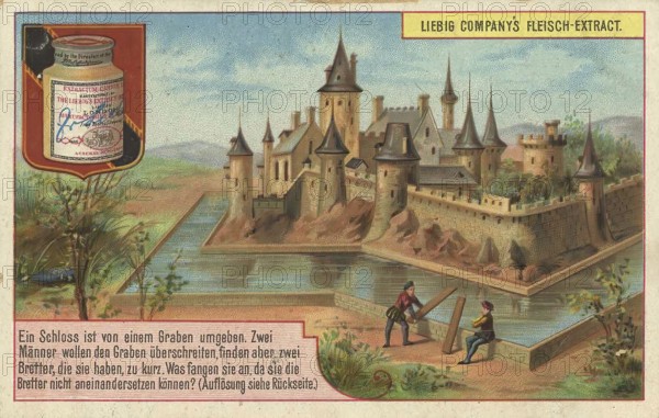 Picture series puzzle, Building a bridge over the castle moat, Liebig picture, digitally restored