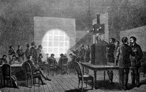 Reproduction of telegraphic dispatches by the magic lantern during the siege of Paris, historical,