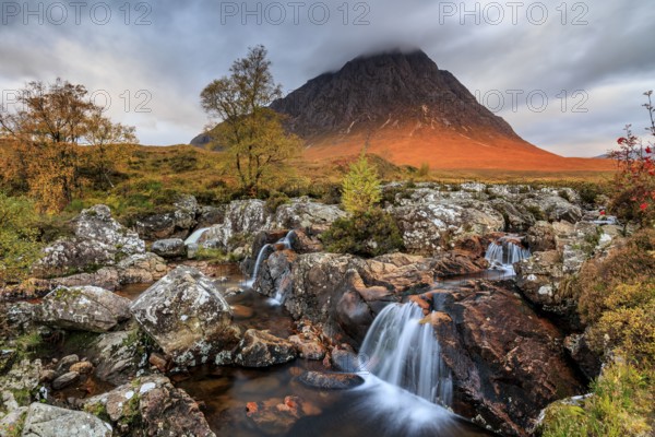 Wild river, waterfall, autumn colours, morning light, mountain landscape, cloudy mood, Buachaille