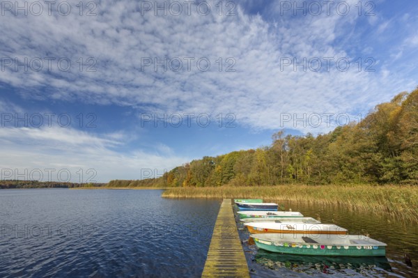 Wooden jetty with rowing boats at lake Schaalsee in autumn, fall, Biosphärenreservat Schaalsee,
