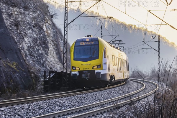 Geislinger Steige, railway line of the Filstallinie railway at dawn. Alb ascent to the Swabian Alb.