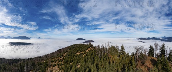 Drone shot, view from Schwarzenberg to a sea of fog in the Salzach valley, Osterhorn group,