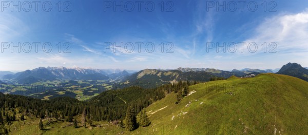 Drone shot, At the summit of the Taborberg with a view of the Lammertal and Tennengebirge