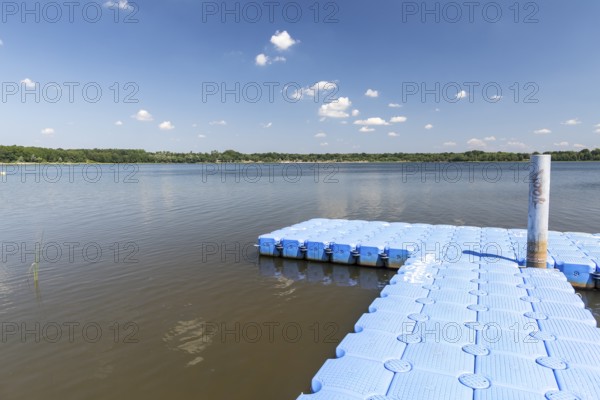 Pontoon jetty at the Dreiweiberner See bathing beach, Lusatian Lakeland, Lohsa, Saxony, Germany,