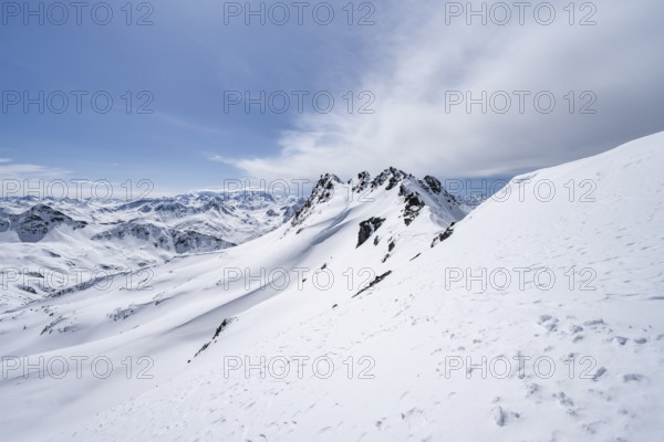 View of mountain panorama with mountain peaks of the Bernina group, mountain landscape in winter on