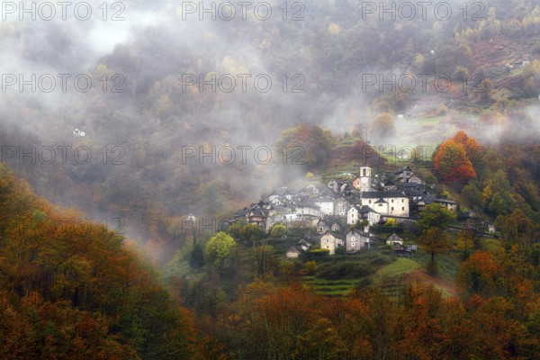 Village view of Corippo in the fog surrounded by autumn-coloured deciduous trees, Verzasca Valley,