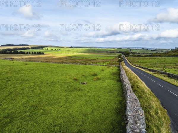 Farms over West Dart River in Dartmoor National Park from a d, Devon, England, United Kingdom,