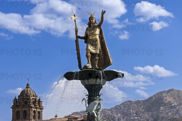 Peru, Cusco, The Statue of Pachacuti on Central Plaza de Armas square in historic city center .,