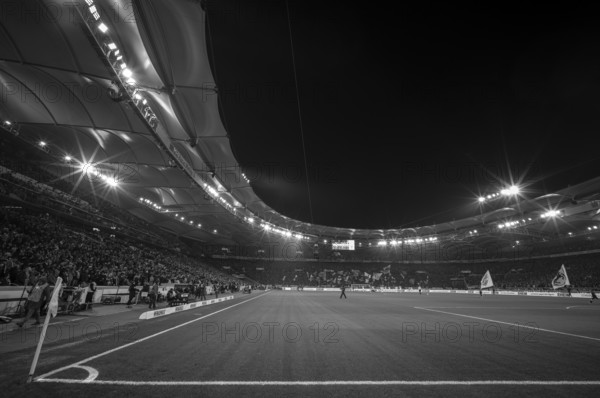 Interior, Bundesliga, floodlit match, night shot, black and white, long shot, MHPArena, MHP Arena