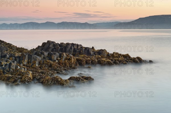 Basalt columns, columnar basalt, coast, long exposure, Hofsos or Hofsós, Skagafjörður, Norðurland,