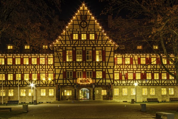 The festively decorated town hall of Münsingen at Christmas time, Swabian Alb, Reutlingen district,
