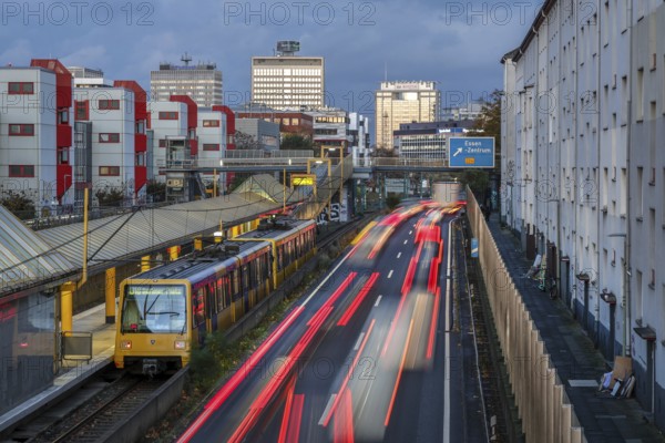 Essen, North Rhine-Westphalia, Germany, motorway A40 in the city centre, exit Essen Zentrum, during