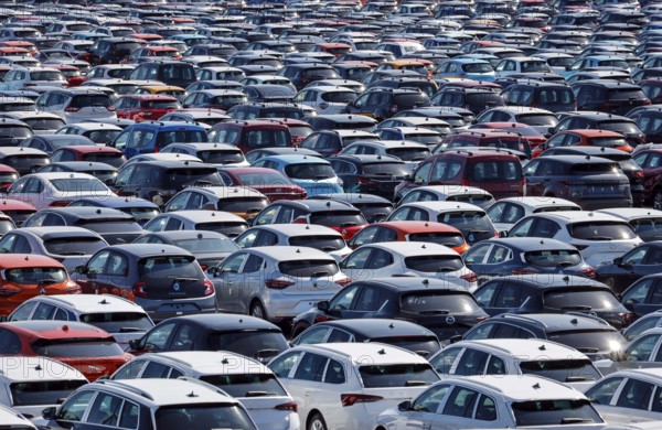 Duisburg, North Rhine-Westphalia, Germany - New cars, transhipment centre, car terminal in Duisburg