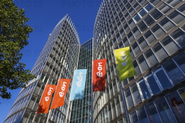 Essen, North Rhine-Westphalia, Germany, E.ON headquarters. e.on company logos on flags in front of