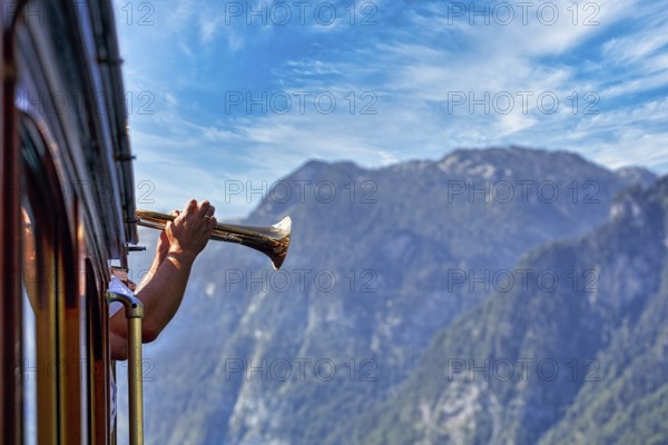 Trumpet for echo, echo wall at Königssee, Berchtesgaden National Park, Berchtesgadener Land, Upper