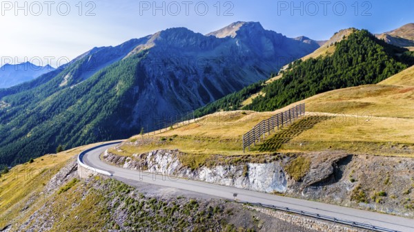 Route des Grandes Alpes, aerial view of road and mountains at pass Col de Vars, Départements