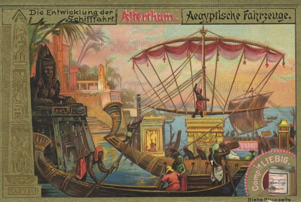 Picture series The development of navigation, Egyptian ships, Liebig picture, digitally restored