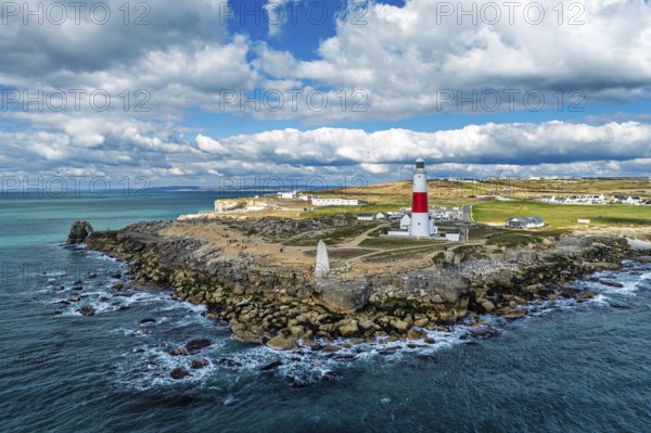 Portland Bill Lighthouse from a drone, Portland Bill, Isle of Portland, Dorset, England, United