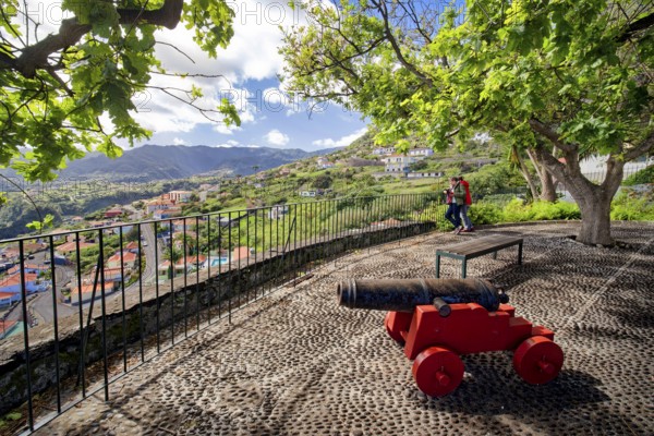 Fortress of Faial with cannons and view of the eagle rock, Penha d'Aguia, Miradouro do Fortim,