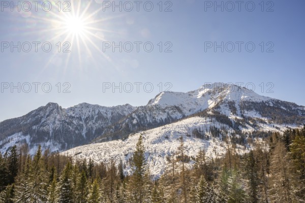 Beautiful landscape of the Mountain silhouettes of the Sexten Dolomites on a sunny winter day,