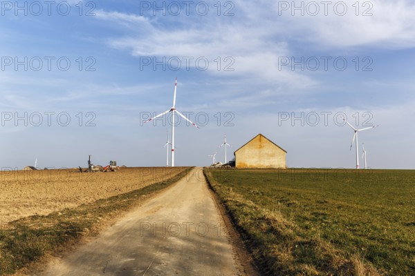 Barn in a meadow, field, wind turbine, Willebadessen, Höxter, Teutoburg Forest Eggegebirge nature