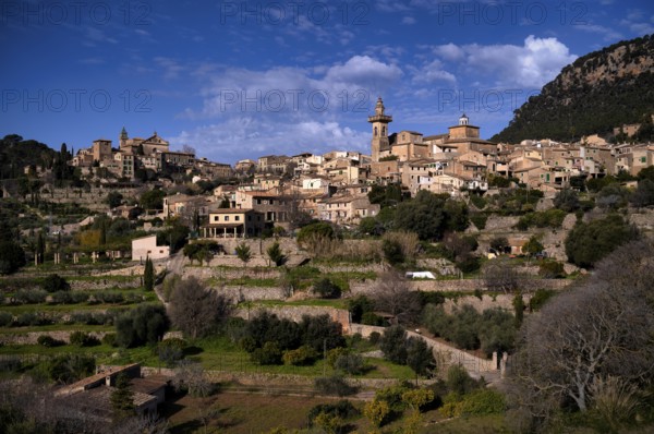 View of the mountain village of Valldemossa, Church Iglesia de la Cartuja, Real Cartuja (Royal