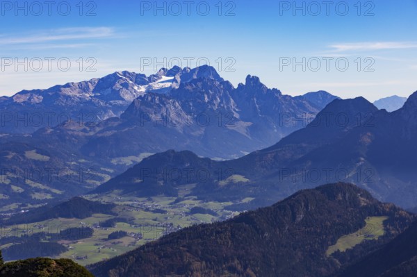 View from Schwarzer Berg to the Dachstein massif, Golling, Osterhorn group, Salzkammergut, Salzburg