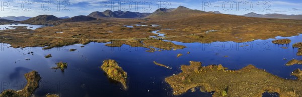 Moorland, lake, islands, morning light, sunny, autumn, road, aerial view, panorama, Lochan na