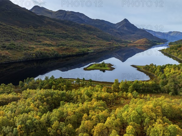Fjord, coast, mountain landscape, reflection, island, autumn, autumn colours, aerial view, Loch