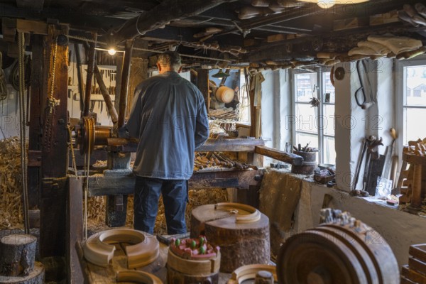 In the tyre turner's show workshop in the Seiffen Open-Air Museum, Erzgebirge, Saxony, Germany,