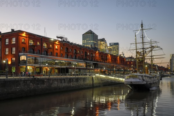 Museum ship ARA Uruguay in the harbour district of Puerto Madero in the evening, Buenos Aires,