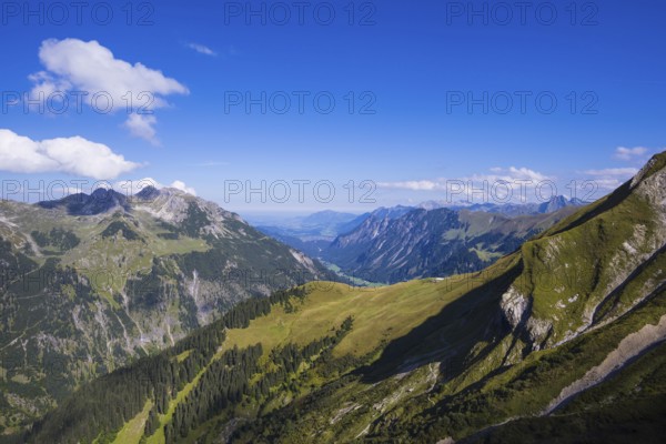View from the Rappensee Hut into the Stillachtal valley as far as Oberstdorf, Allgäu Alps, Allgäu,