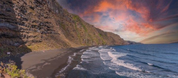 Panoramic from above of the Nogales beach in the east of the island of La Palma at sunset, Canary