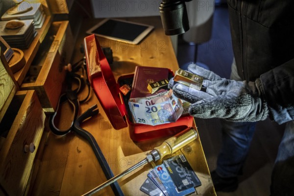 Symbolic image of a burglary, perpetrator has broken into a flat from the garden side and is