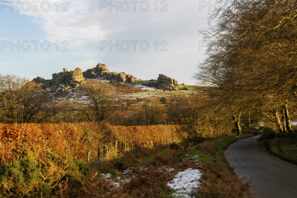 Autumn landscape of Hound Tor, road near Swallerton Gate, Dartmoor national park, north Devon,