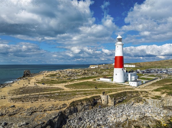 Portland Bill Lighthouse from a drone, Portland Bill, Isle of Portland, Dorset, England, United