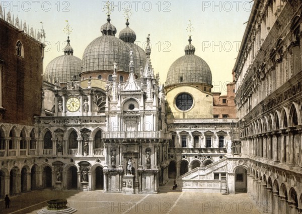 A court in the Doges' Palace, Venice, Italy, Historic, digitally restored reproduction from a 19th