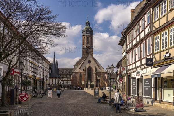 Half-timbered houses on the market square and St Jakobi market church, Einbeck, Northeim district,