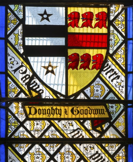 Stained glass window Doughty family crest by Thomas Willement c 1843, Theberton church, Suffolk,