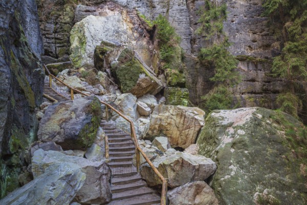 Stairway at the Schwedenlöcher, a narrow gorge of the Amselgrund near the village of Rathen in