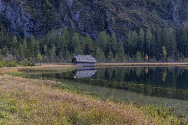 Boatshelter at Lake Stappitz in first morning light, Seebach valley, Mallnitz, Carinthia, Austria,