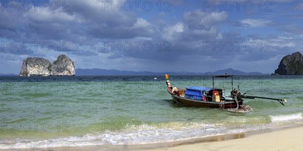 Longtail boat on the beach, Koh Ngai Island, Andaman Sea, Satun Province, Southern Thailand,