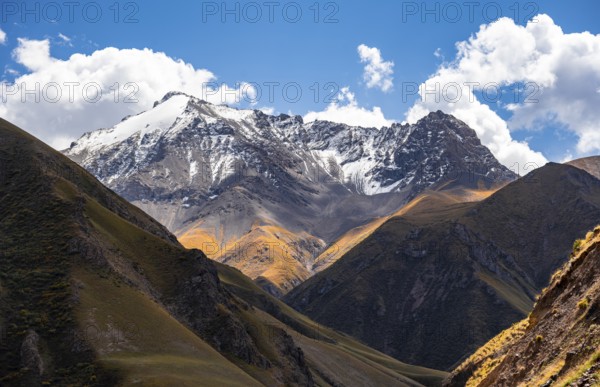 Picturesque mountain landscape with white mountain peaks, Tian Shan Mountains, Issyk-Kul,